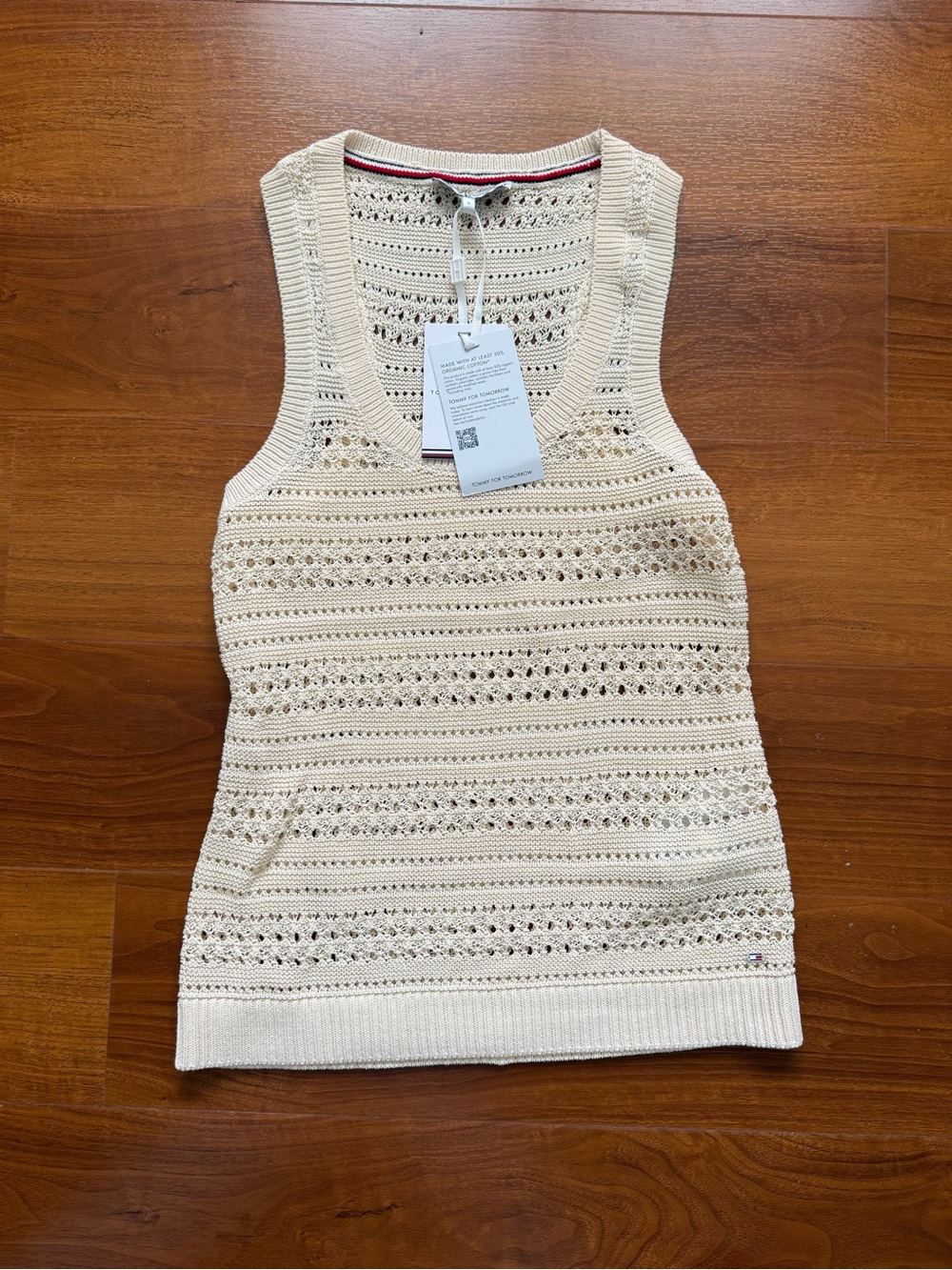 Tommy Hilfiger Cream Crochet Racer Back Open Knit Tank Top